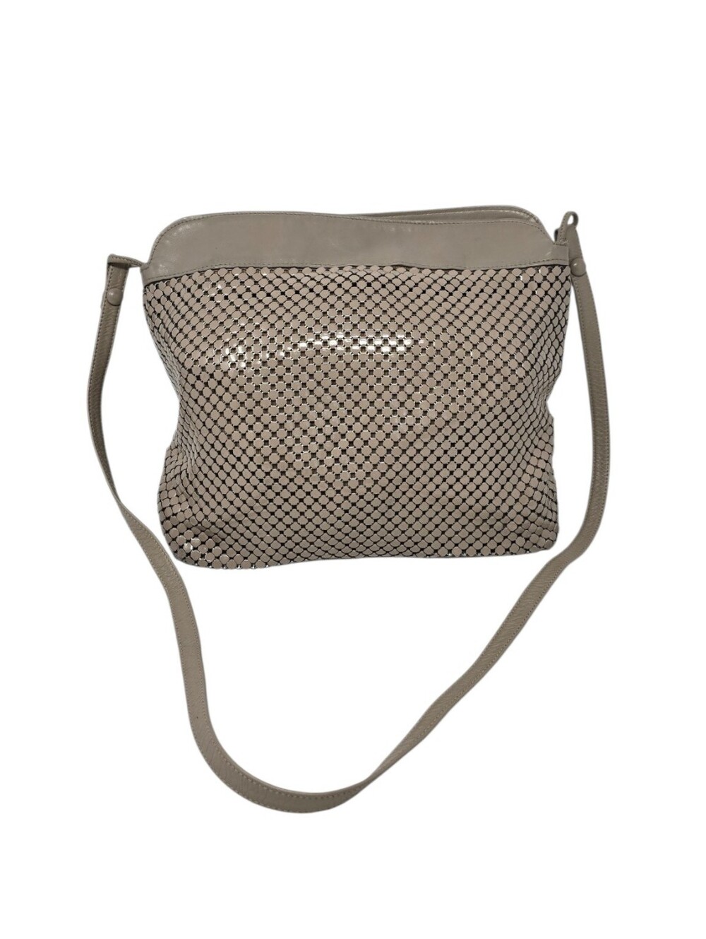 Vintage Whiting & Davis Metal Mesh Leather Shoulder Bag Taupe Gray